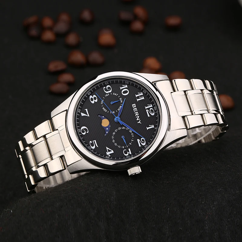 Men Luxury Quartz Watch Japan Movement Waterpoof Gift Business Fashion Chronograph Moon Phase Date and Day Stainless Steel Case