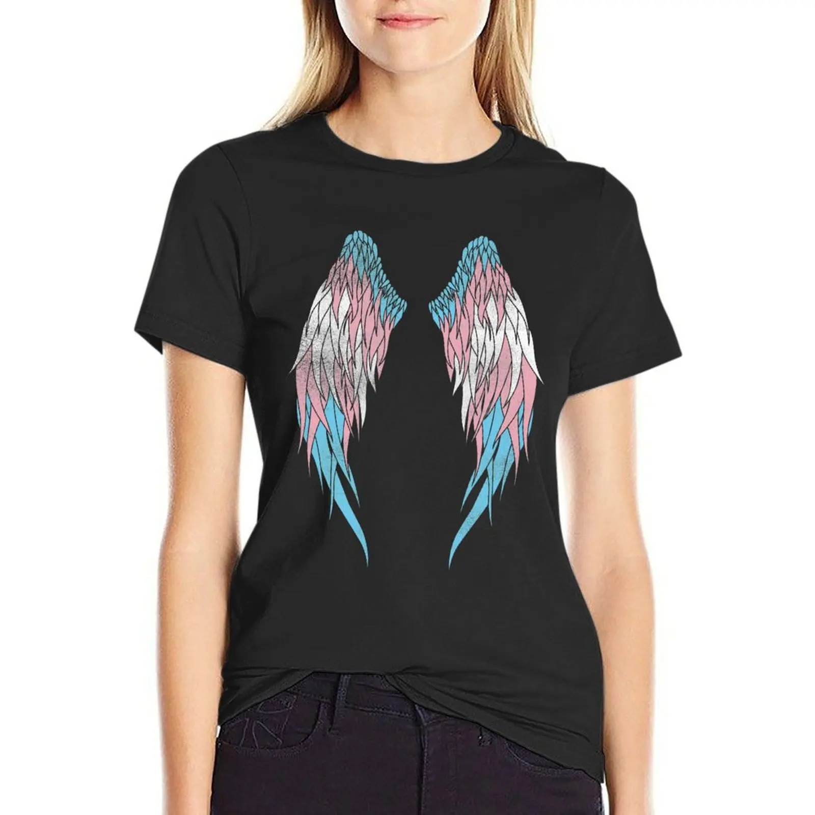 Transgender Flag - Angel Wings T-Shirt Short sleeve tee female anime clothes blacks cat shirts for Women