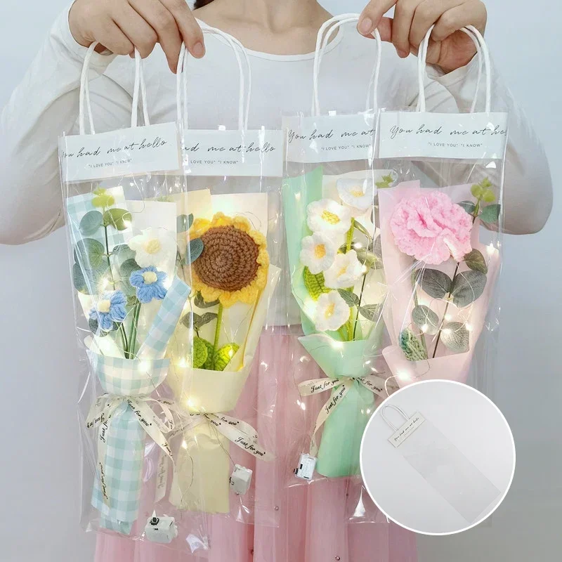 5/10pcs Flower Wrapping Bags Transparent Flower Packaging Gift Packing Bags with Handle Wedding Birthday Candy Flowers Box Decor