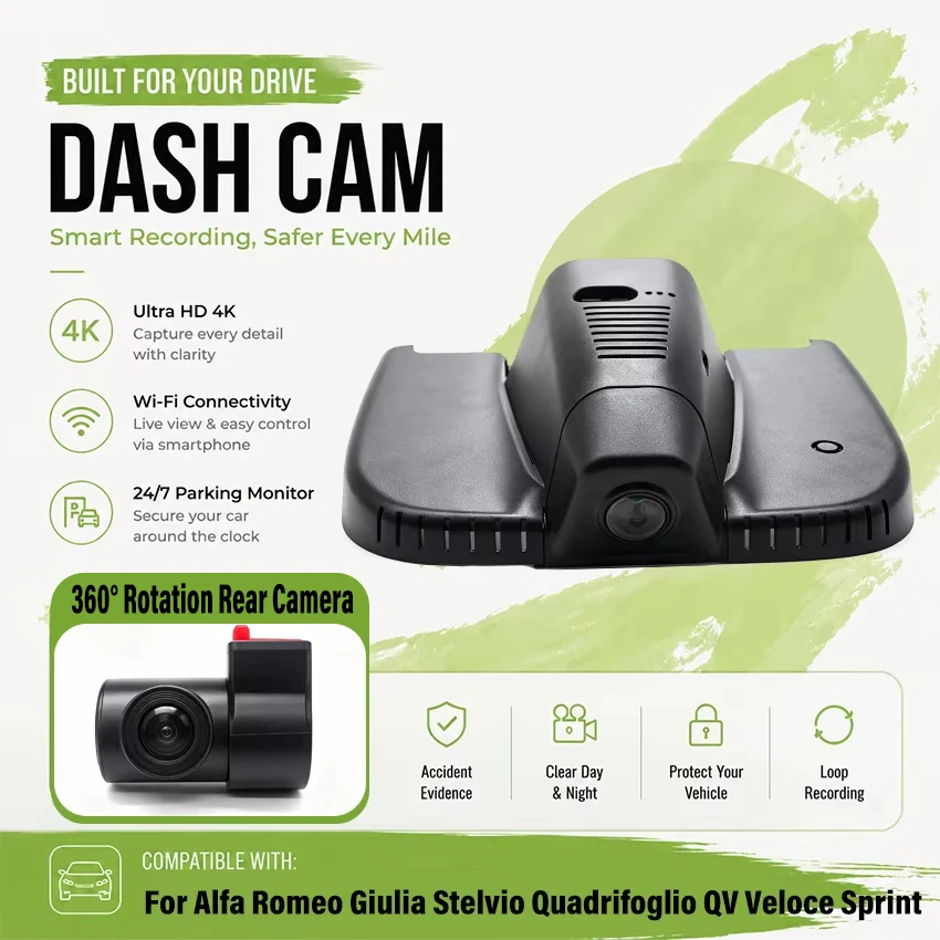 Dedicated Dash Cam for Alfa Romeo Giulia Stelvio Quadrifoglio QV Veloce Sprint Car DVR WiFi & APP Plug and Play DashCam Camera