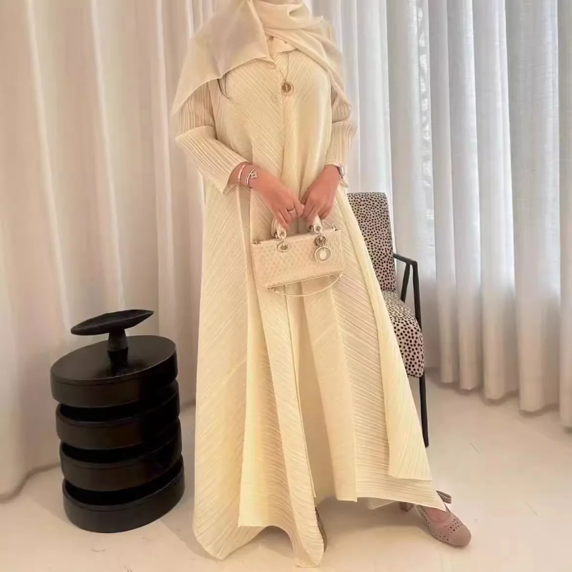 YUDX Pleated Women's Robe Solid Color Dubai Style Dress Loose Plus Size Pod Dress Nine Sleeve Design Long Skirt 2024 Fall New