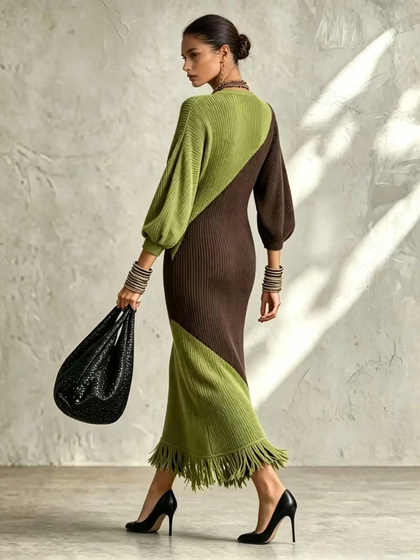 Women Deep V Neck Color Block Knit Maxi Dress Puff Long Sleeve Bodycon Tassel Hem Fall Winter Elegant Lady Knitted Midi Dress