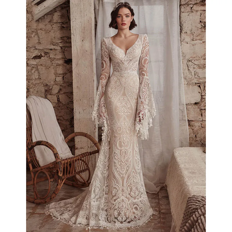 Mermaid Boho Wedding Dress V Neck Backless Long Flare Sleeve Lace appliqued beach country Bridal Gown Vestido De Novia