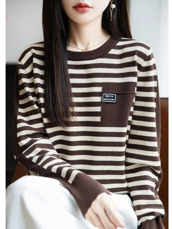 

Slim Fit round Ne Striped Knit Sweater Women's Base Layer irt Wool Polyester Blend Long Sve Autumn Faion Commute
