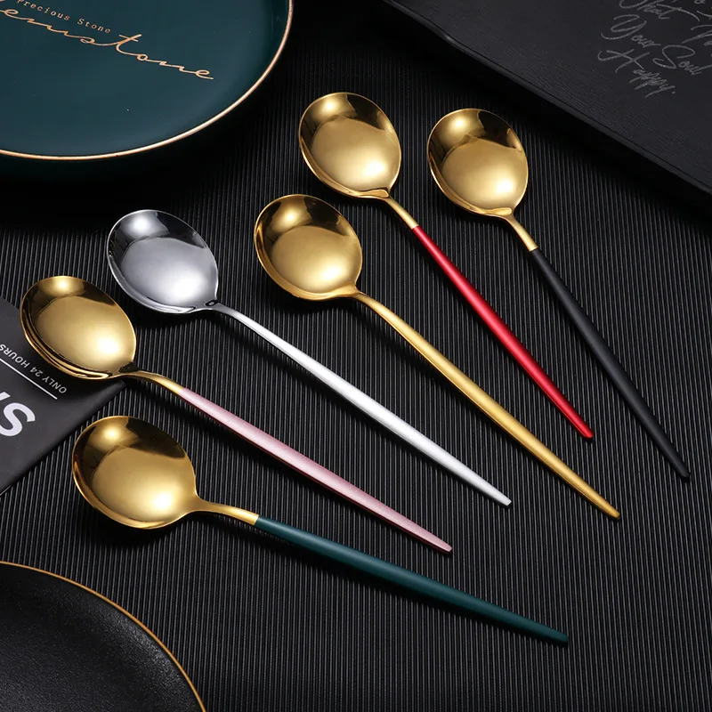 Stainless Steel Big Head Round Spoon Net Red Golden Dinner Long Handle Stirring Dessert Spoons For Kitchen Accessories Gadgets