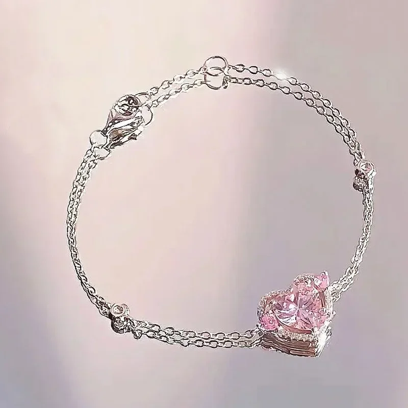 Shining Pink Rhinestone Heart Bracelet Girls Y2K Fairy Delicate Elegant Adjustable Bracelet Women Party Fashion Jewelry Gift