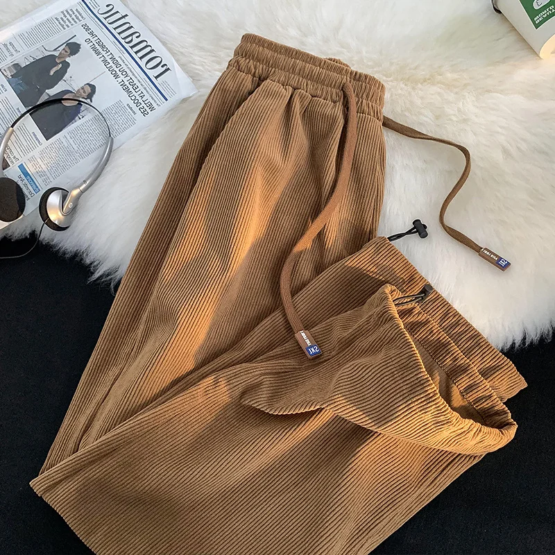 

Vintage Corduroy Dstring Trousers Men's Coffee Color High Street Spring Autumn Sports Loose Casual Pants Straight Leg