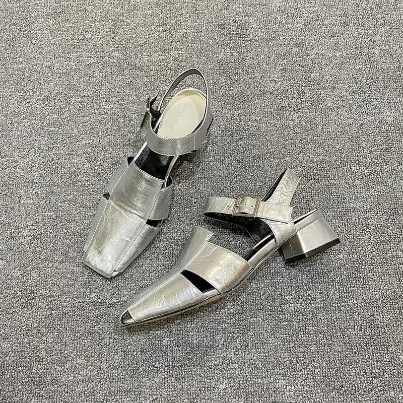 Summer Hollow Out Women Sandals Silver Chunky Pumps Luxury Design Buckle Strap Slingback Gladiator Rome Shoes Zapatos De Mujer