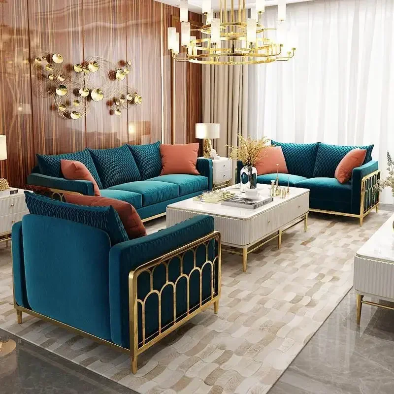 Modern living room sofas 1 2 3 seater Wedding furniture Golden Steel Arm velvet Light Luxury fabric sofa set with metal frame