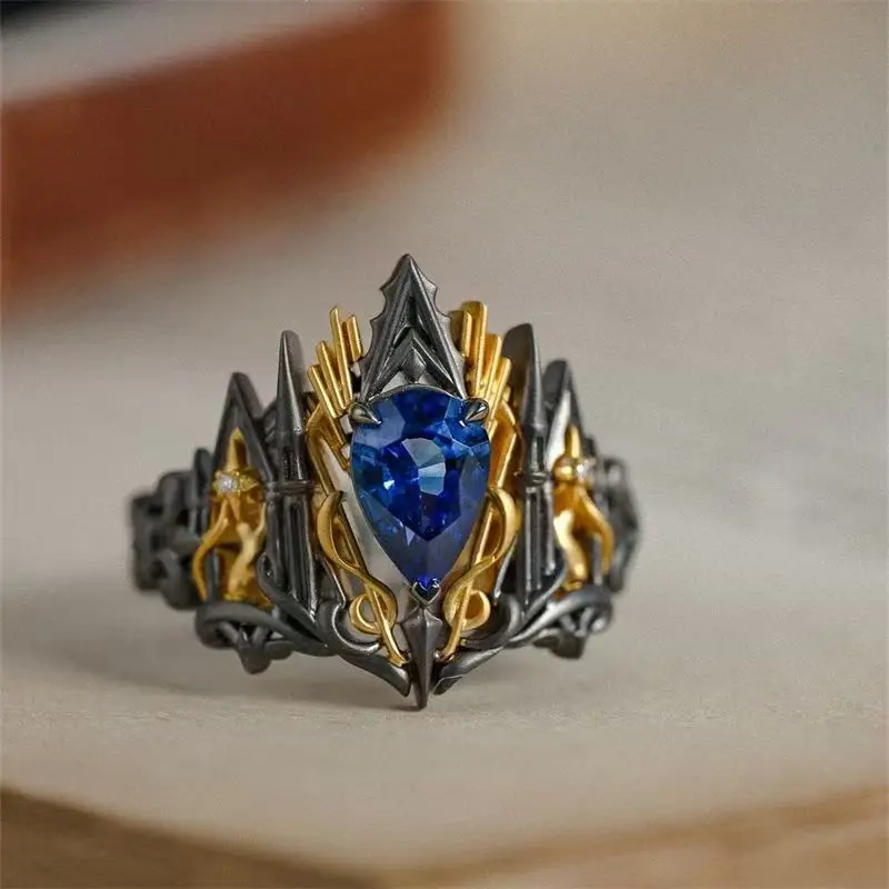 

Gothic Baroque Maximalist Castle Ring, Black Gold Blue Sapphire Vintage Luxe Statement Jewelry