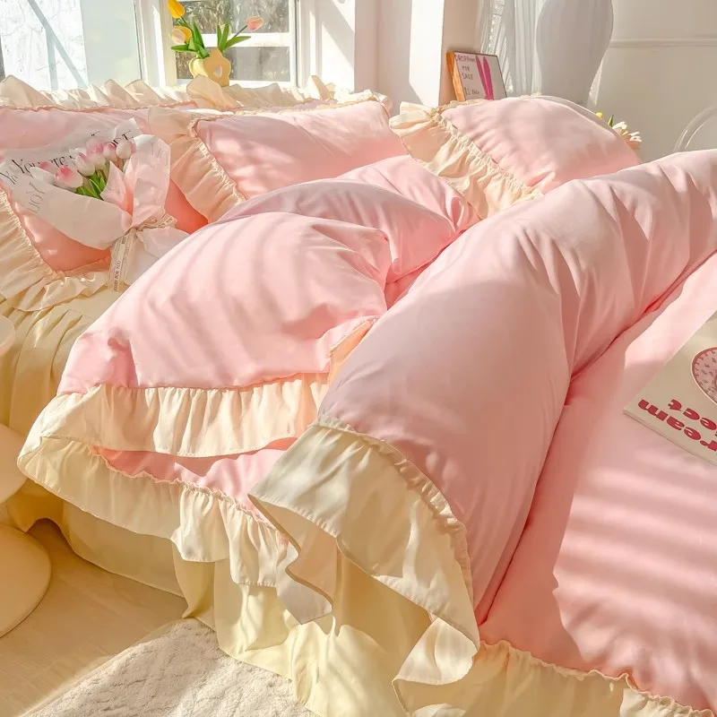 

Korean Princess Style 4 Pieces Bedding Set For Girls Women Solid Color Cotton Lace Bed Skirt Sheet Full Queen Bedding Cover Set