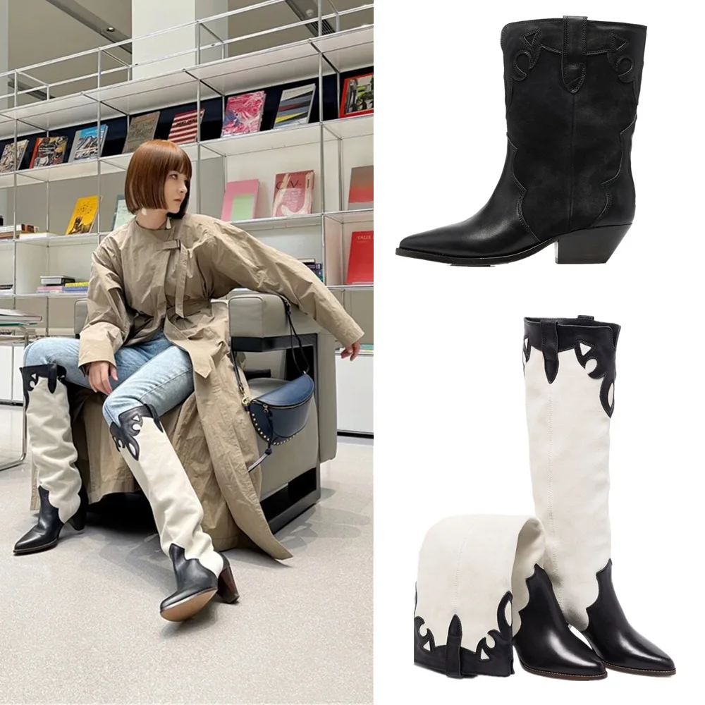 European and American Color Blocked Knee High Boots Cowhide British Style Casual Cross-Border Plus Size Pointed Low Heel Sleeve