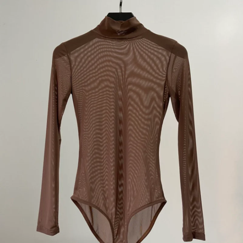 Elastic Slimming Long Sleeve T-Shirt Romper Women's Spring Summer Breathable Mesh Material Pure Color Thin Top Sexy Micro Tra...