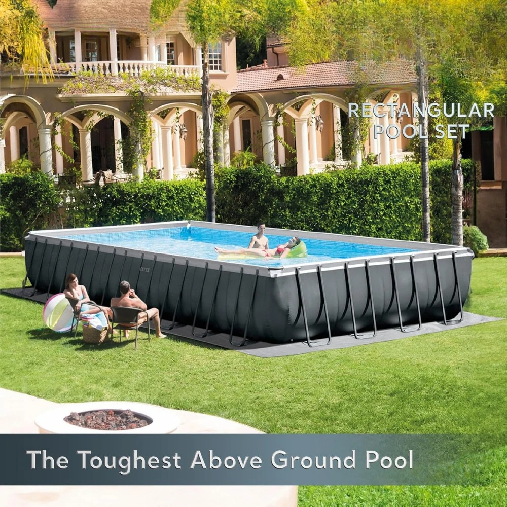 Rectangular Frame Above Ground Swimming Pool with Sand Filter Pump, Cover, Ladder, and Ground Cloth