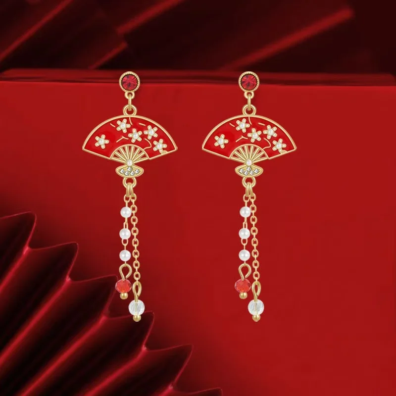 Fashion Chinese Style Earrings for Women Red Color New Year Wedding Rhinestone Luxury Jewelry Spring Festival Ear Hook Gift 2025