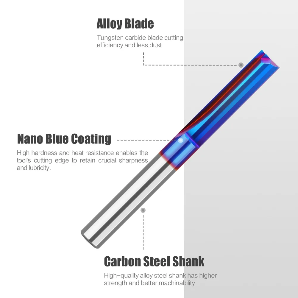 2-point Straight Knife Straight Slot Top Spiral Blue Nano Woodworking Straight Knife Solid Alloy Woodworking Milling Cutter