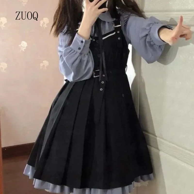 

2025 New Sweet Dress Sets Women Dark Suspender Dresses + Peter pen Collar Shirt Two-piece Set Woman