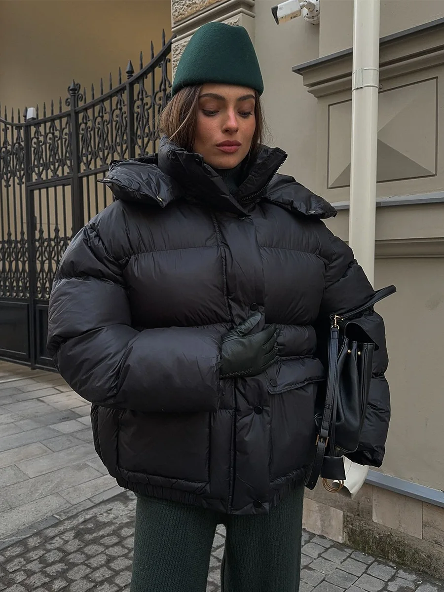 Bornladies Damen Neue Winter Schwarze Parkas Modisch Schlichte Wattierte Baumwolljacke Quadratische Tasche Warme Kapuzenjacke – Detail 3