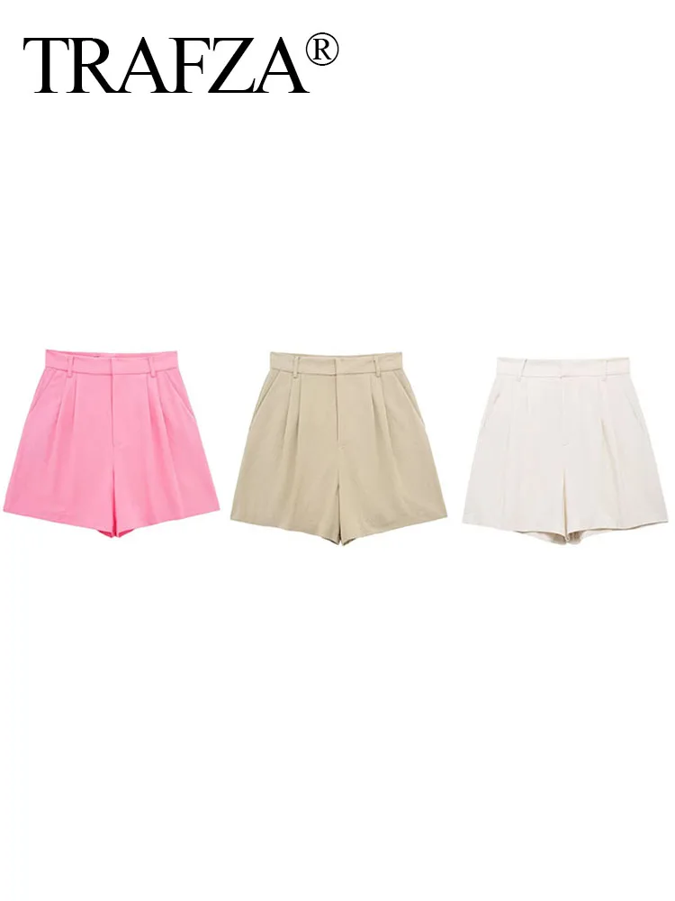 TRAFZA-Mini Shorts Elegantes de Cintura Alta com Zíper, Decoração de Botões, Monocromáticos, Finos, Bolso, Streetwear, Moda Verão