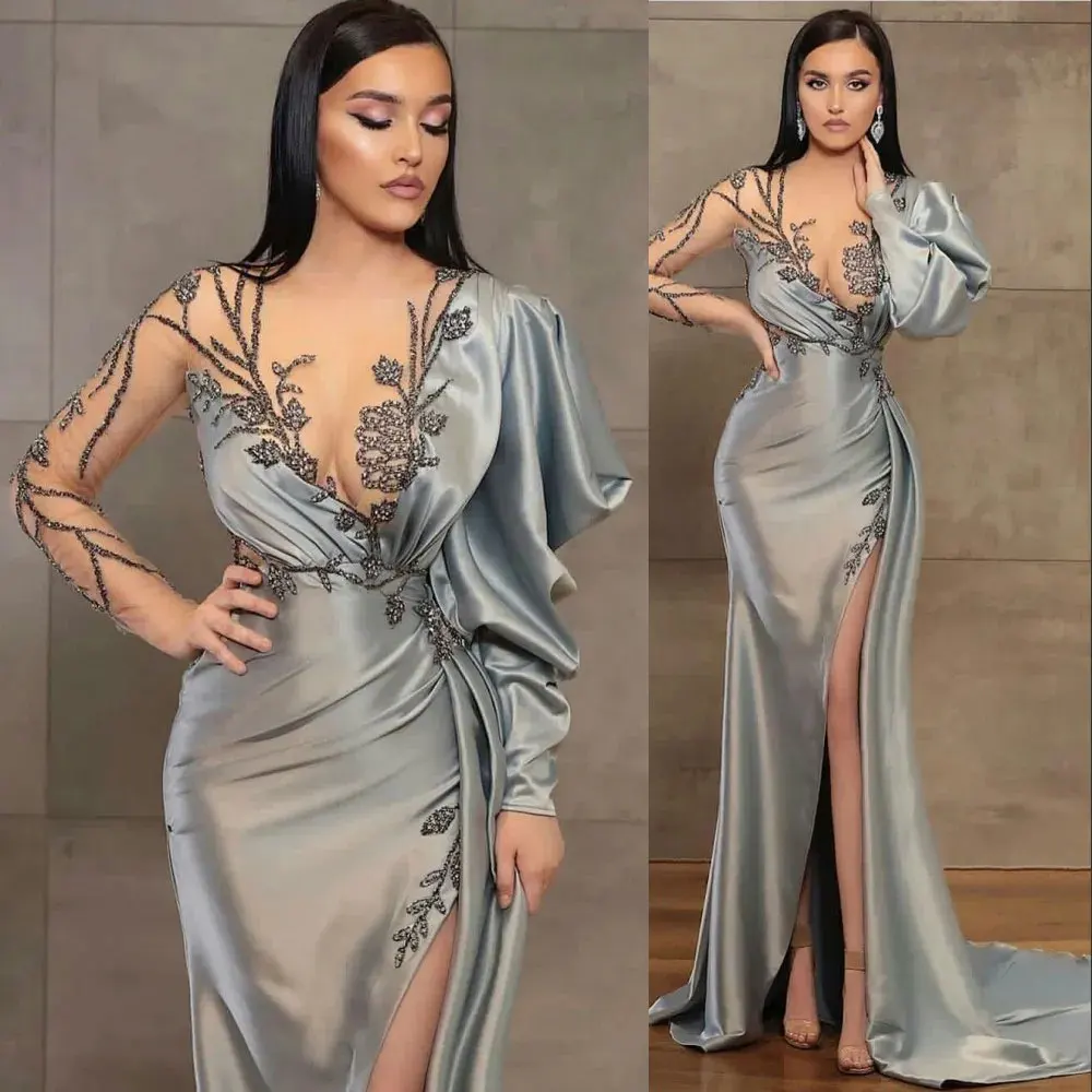 2024 Abendkleider tragen Silber Meerjungfrau lange Ärmel Illusion Kristall Perlen hohe Seite geteilt boden lang Party kleid Prom Gow