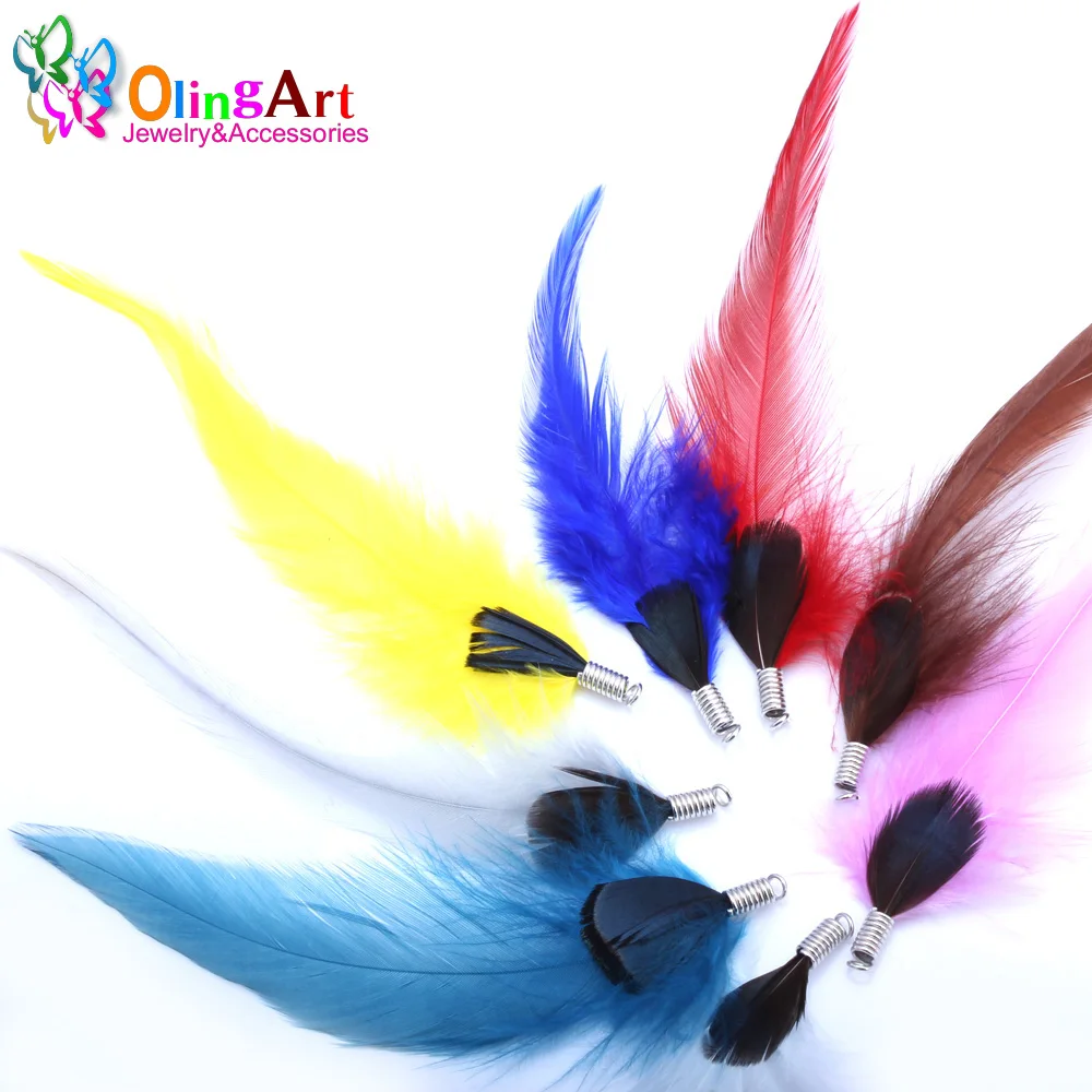 OlingArt Natural Beautiful blue piece feather 10pcs/lot 12MM Mixed color women necklace Earrings tassels DIY Jewelry Making