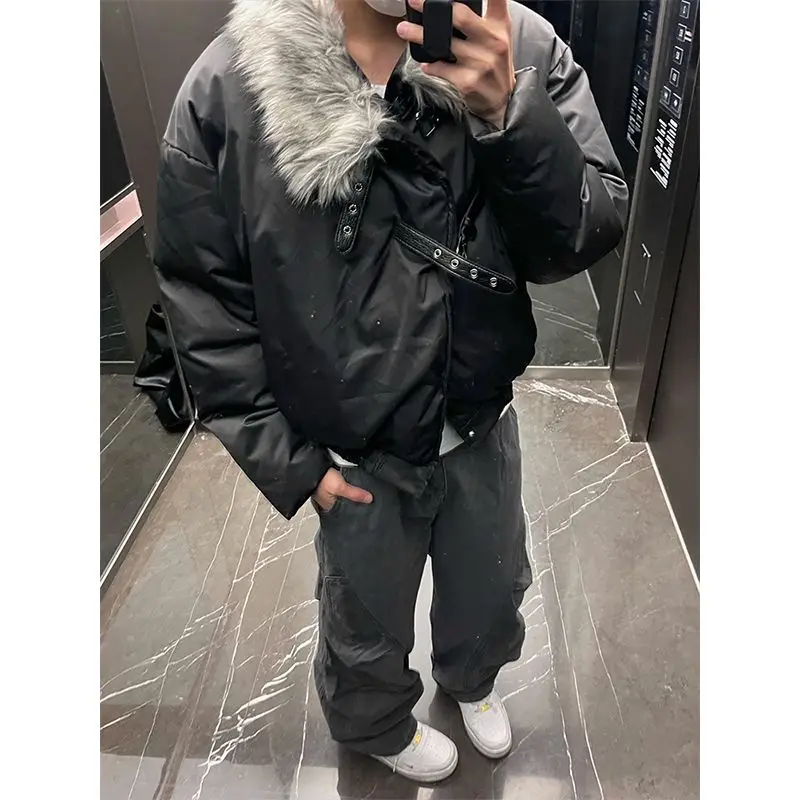 

Новая зимняя мужская куртка с меховым воротником, кожаная, синяя, в стиле High Street, хлопковая, от американского модного бренда, универсальная.