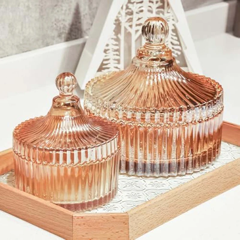 2 Piece Decorative Glass Jars With Lid Amber Glass Qtip Holder Vanity Canister Jar Bathroom Organizer