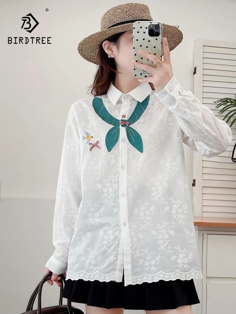 

New 2025 Autumn Long Sleeve Cotton Shirt, Women Turn-down Collar Embroidery, Mori Girl Age Reduction Bow Loose Blouse T59952CC