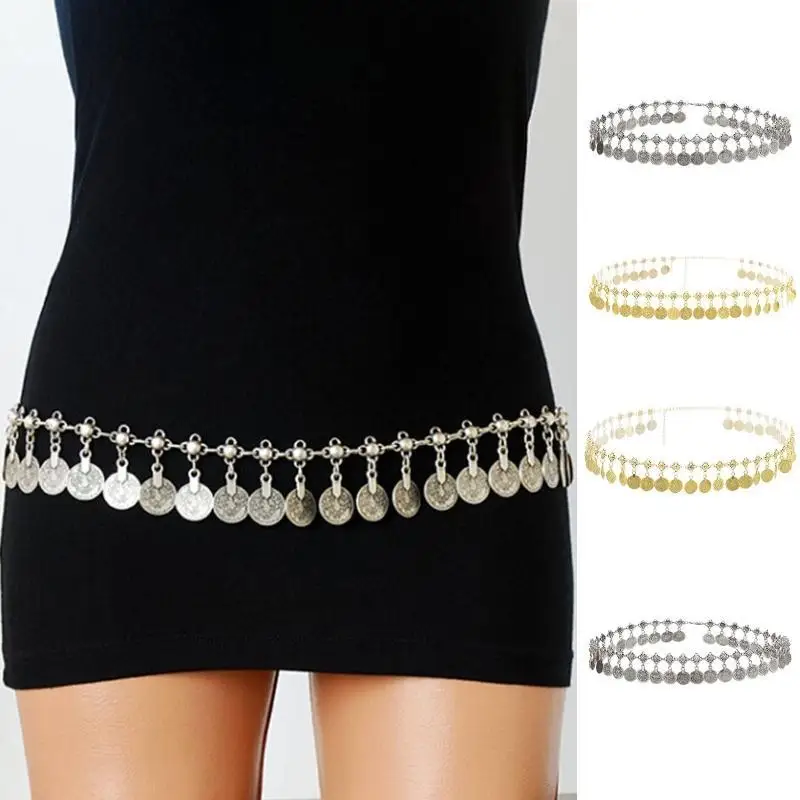 

39BB Монета Цепочка для живота Пояс для танцевального платья Индийская поясная цепочка Цепочка для тела Золото Серебро