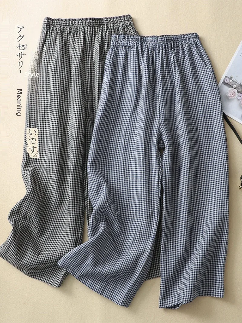 Casual algodão linho calças de perna larga cintura alta nove pontos cintura solta padrão xadrez marca feminina faion calças verão