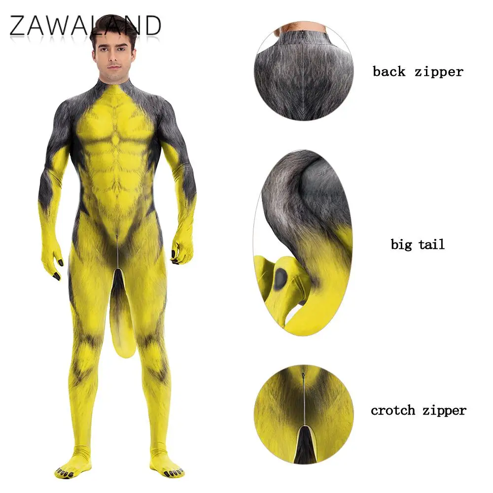 Zawaland 3D Wolf Texture Yellow Gray Print Animal Cosplay Costume Bodysuit with Tail Crotch Zipper Jumpsuits Catsuit Zentai Suit