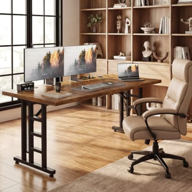 Executive Desk, 71 Inch Office Table with Power Ports, Large Computer Desk with 3-Piece Thickened Board for Home