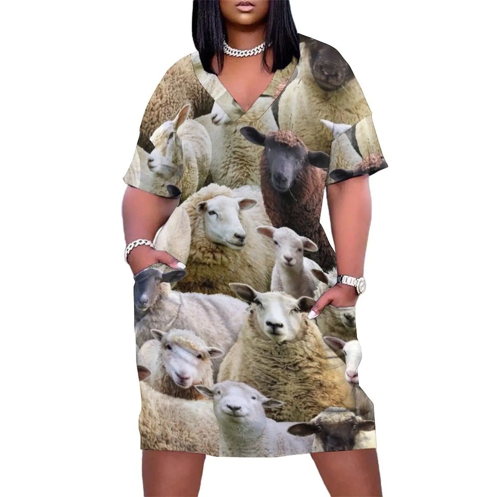 

sheep image Loose Pocket Dress Dress vintage summer dress woman 2024