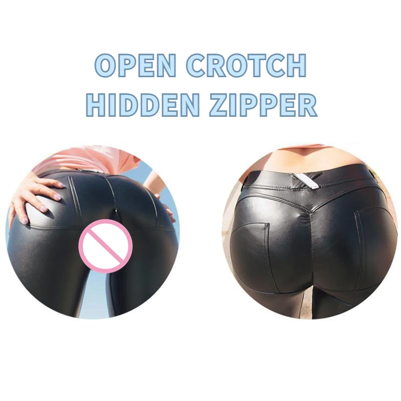 Woman Sexy Crotch Leather Leggings with Hidden Zippers Crotchless PU Panties Butt Push Up Open-Seats Pants Adult Sex Toy Costume