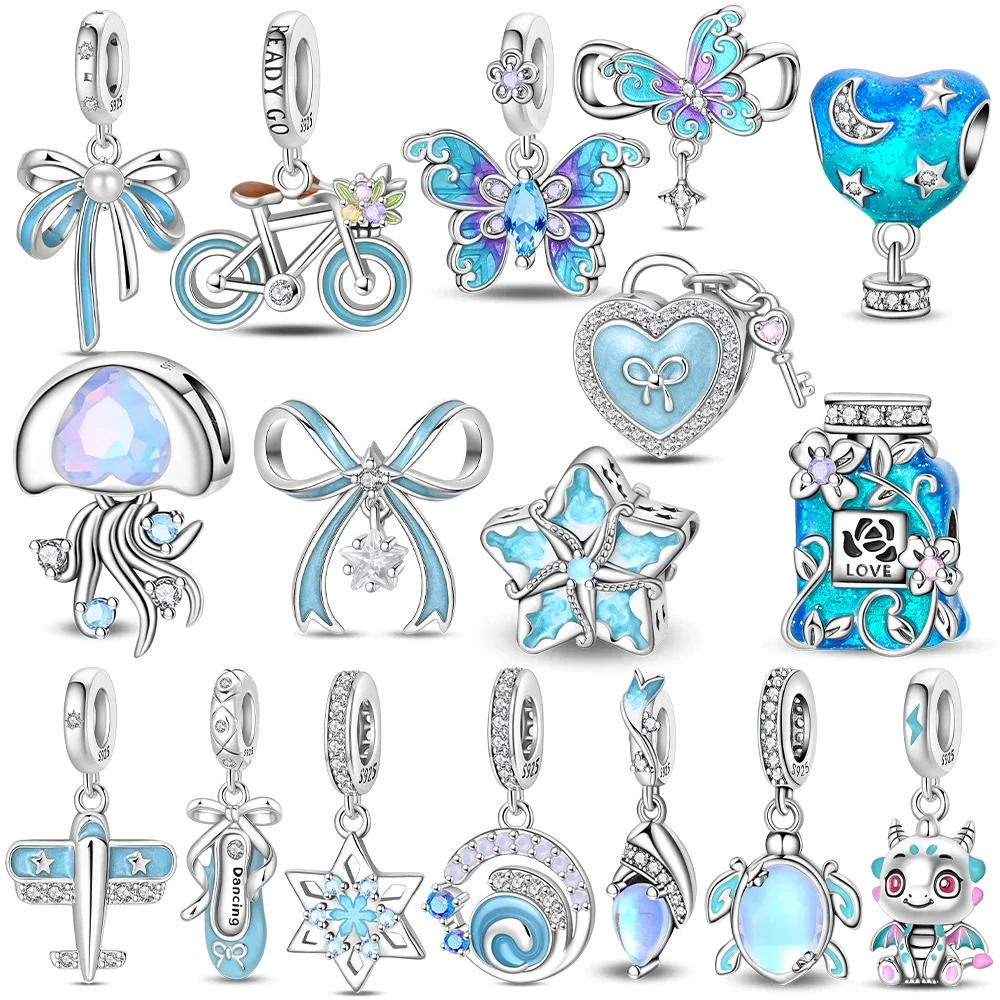 Colgante de luna y estrella de mariposa, cangrejo ermitaño azul, botella de Perfume Floral, cuentas de plata 925 originales, pulsera apta, conjunto de regalo de joyería para mujer