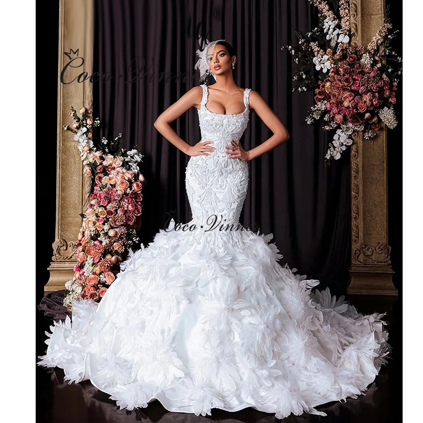 

Customized Tank Sleeve 3D Floral Appliques Mermaid Bride Dress 2026 Pearls Beaded Embroidery Quality Mermaid Wedding Dress W1496