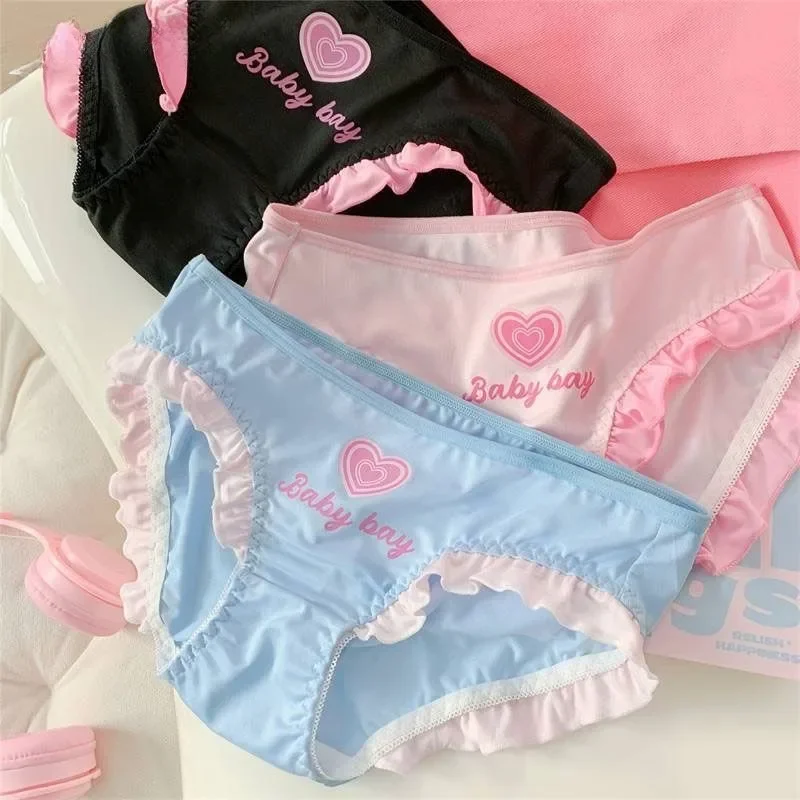 Girls Barbie Style Sweet Cute Cotton Trianglular Panties Woman's Ruffled Letter Briefs Pure Love Sweetheart Dopamine Underwear