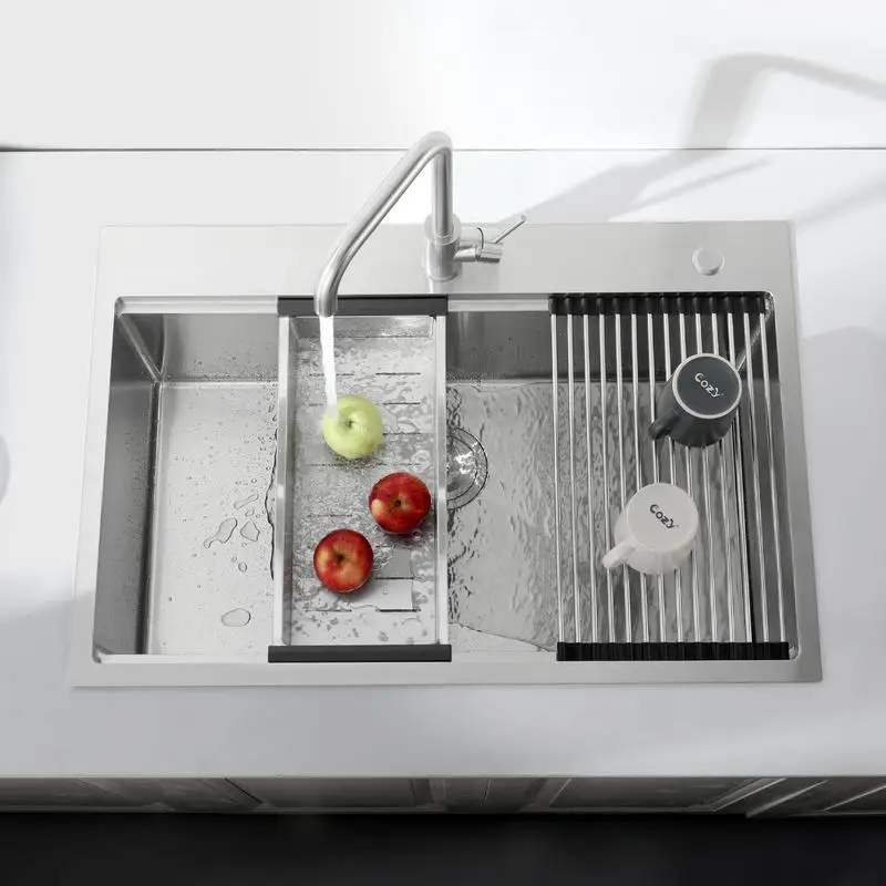 Pia de cozinha de aço inoxidável de 33 "x 22", design de tigela única, acabamento escovado feito à mão, inclui tábua de corte, escorredor,