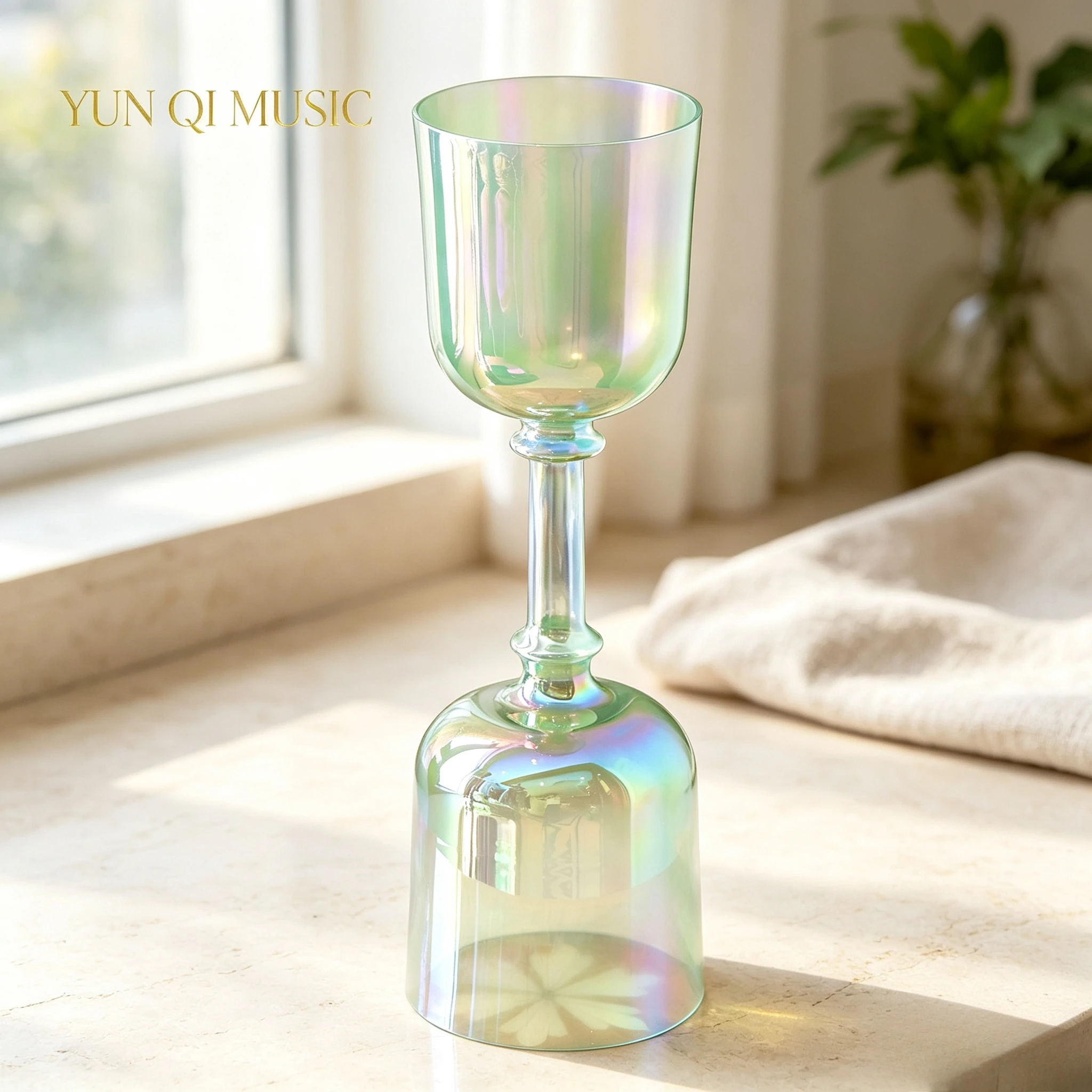 YUN QI MUSIC Ensemble de bols chantants en cristal vert irisé avec poignée, instrument de guérison sonore 432 Hz, livraison rapide UE pour la méditation, l'équilibrage des chakras, le bain sonore, la thérapie par le yoga
