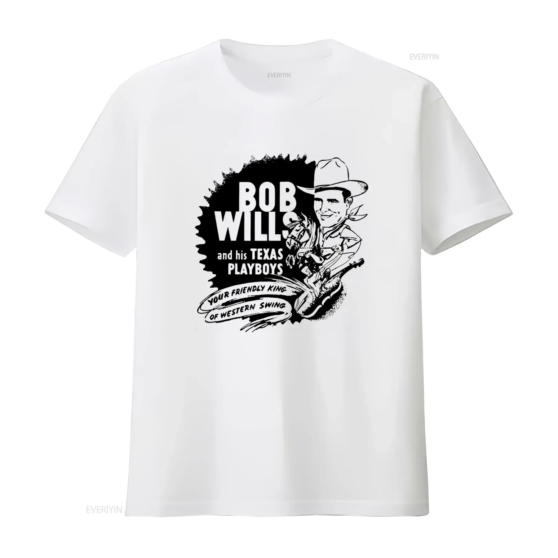 Camiseta vintage de algodón grueso blanca con estampado de Bob Wills And His Texas Playboys, el Rey del Western Swing, disponible en todas las tallas, con efecto lavado.