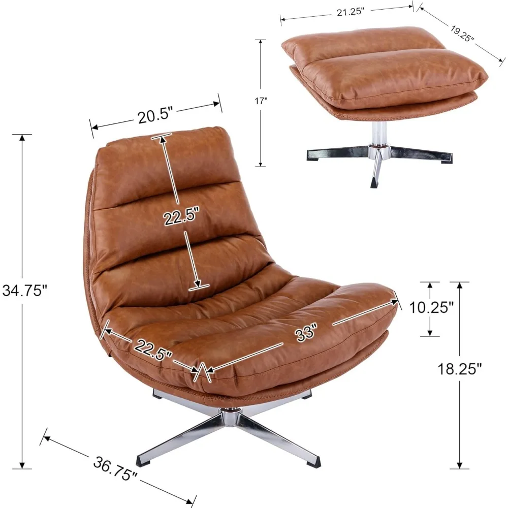 Mid Century Modern Faux Leather Lounge Chair with footrest, Comfy Oversized Armchair with 360 Degree Metal Base