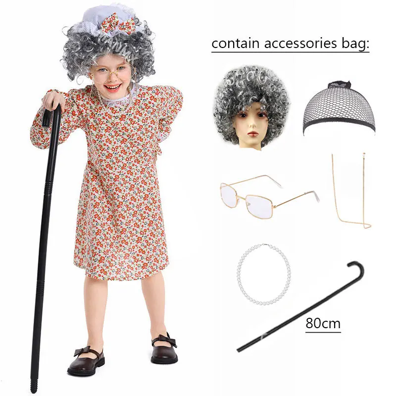 Child Kids Old Woman Lady Costume for Girls Granny Grandma Cosplay Dress Wig Crutch Glasses Full Set 4-16Y Tween & Teens