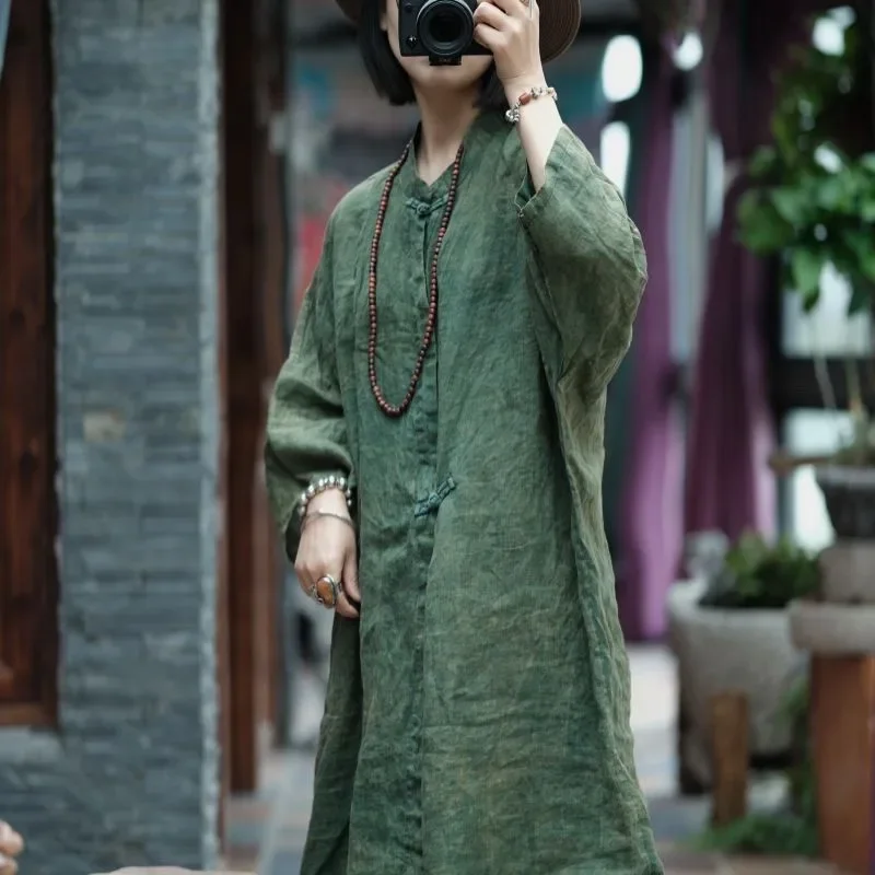 中国風のルーズグリーンコットンリネンドレス女性春の新文学カエルボタン通気性ソフトドレスミディ Vestidos