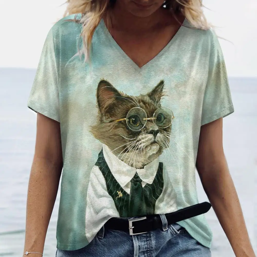 

3D Glasses Cat Print Women V-Neck T-Shirts Casual Style Pullover Loose Short Sleeves Oversized Tee Shirt Summer Female Clothing