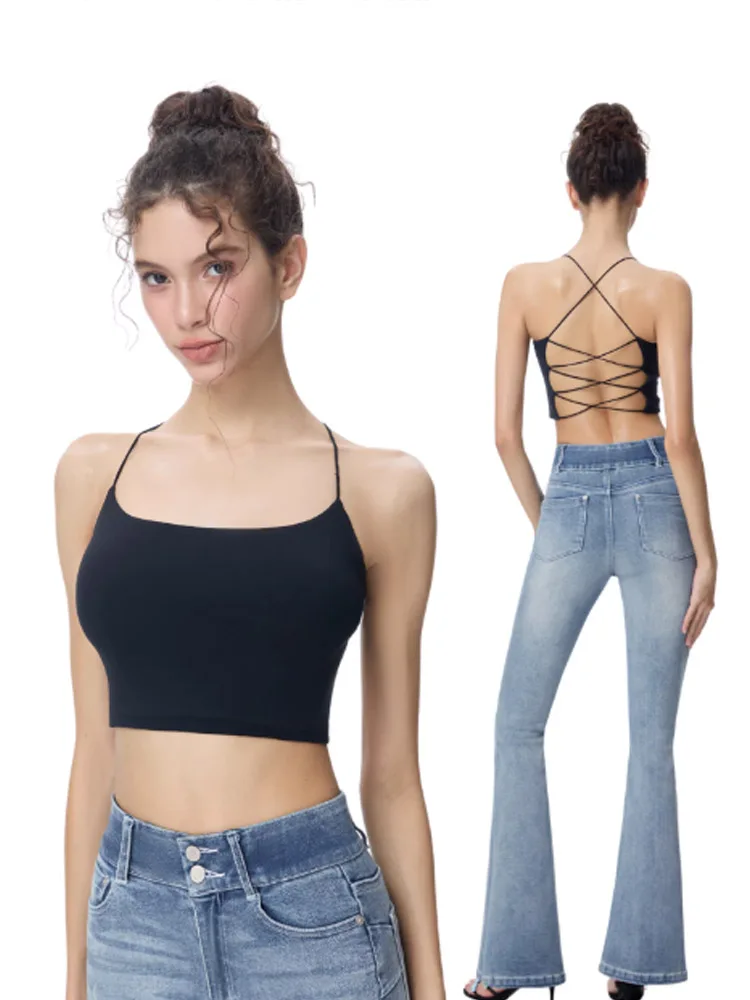 Backless cross strap camisole tank top for women's summer solid color sexy top