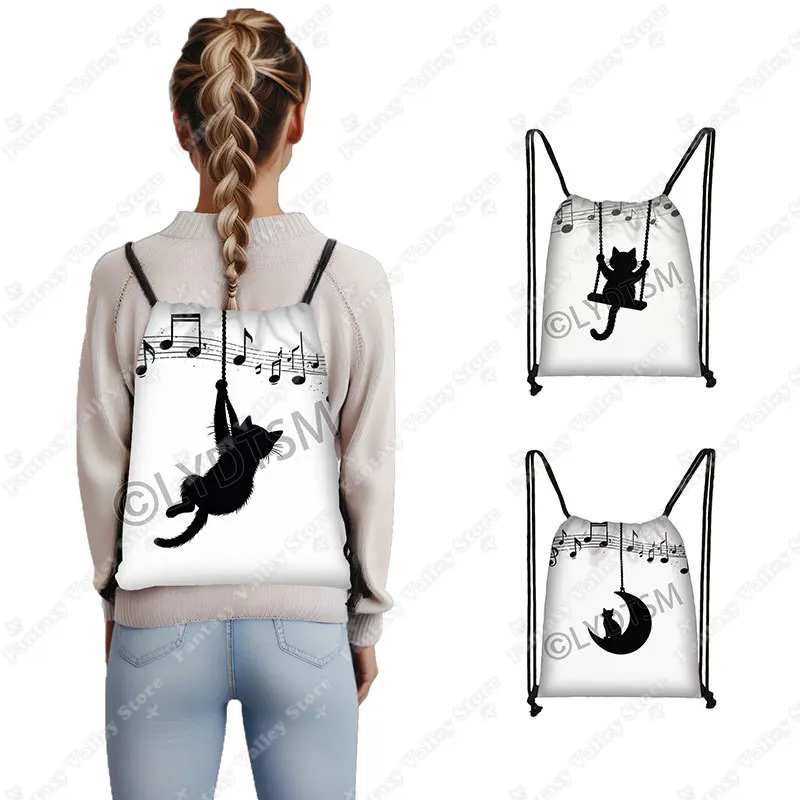 

Рюкзак с музыкальным символом кота и графическим узором для путешествий, котенка, играющего с музыкальными нотами, сумка на шнурке, сумка для книг, держатель для обуви