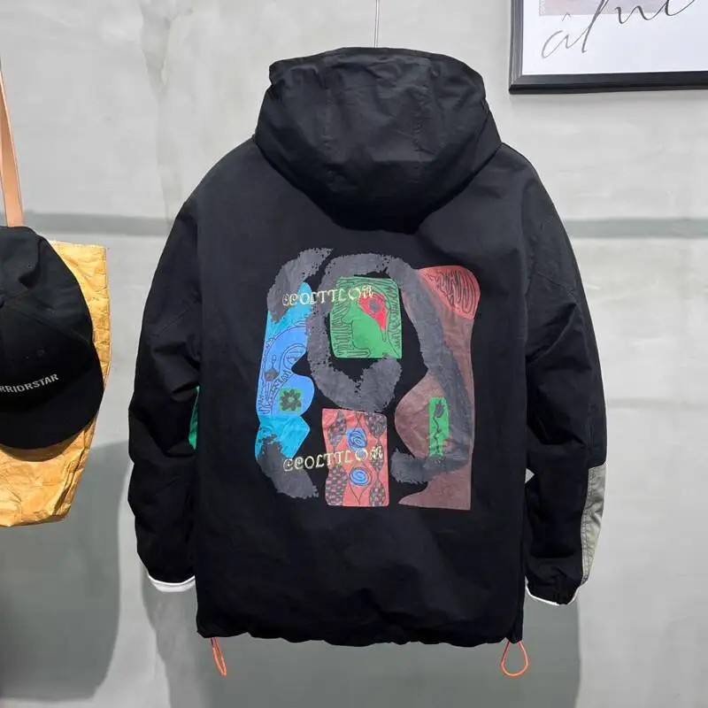 Men's Street Style Casual Loose Hooded Jacket Cool Style Ins Fashion Color Block Bomber Jacket