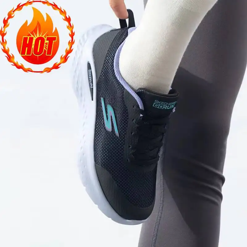 Women Skechers Cushion Running Shoes 129441-BKLV, Black Mesh Trainers With S Thick Logo Midsole Lightweight Sports Sneakers