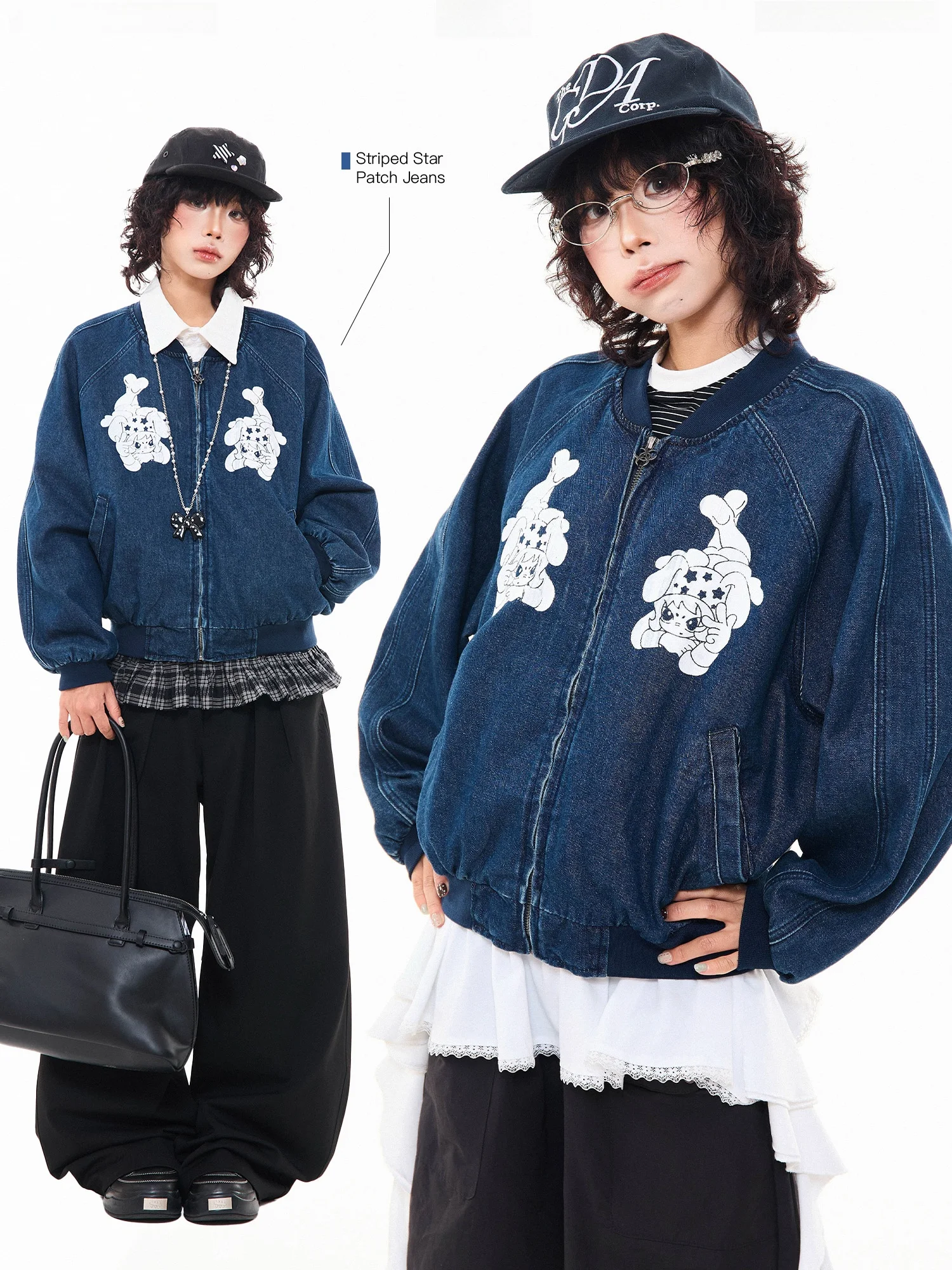 

MIKYO American Sle Retro Elf Print Denim Jaet Women's Autumn Winter Loose ort Baseball Sle Top Fem Faion