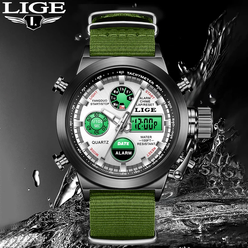 

Мужские наручные часы LIGE Outdoor Casual Quartz с нейлоновым ремешком, модные спортивные часы с будильником, календарем, хронографом, светящимися цифрами и цифровым дисплеем.